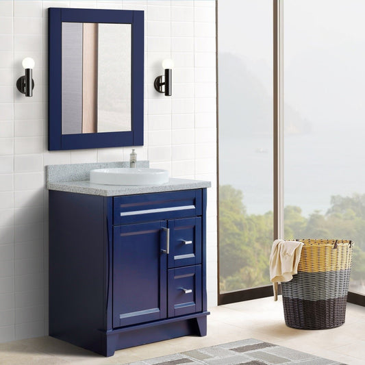 31" Single sink vanity in Blue finish with Gray granite with round sink