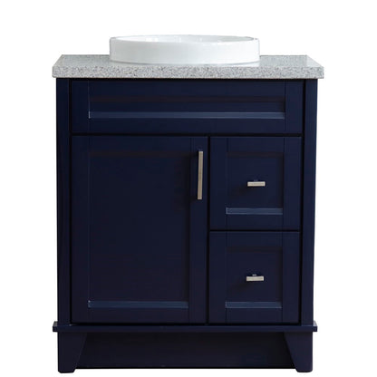 31" Single sink vanity in Blue finish with Gray granite with round sink