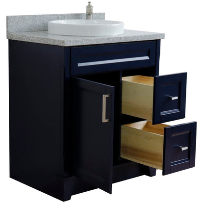 31" Single sink vanity in Blue finish with Gray granite with round sink