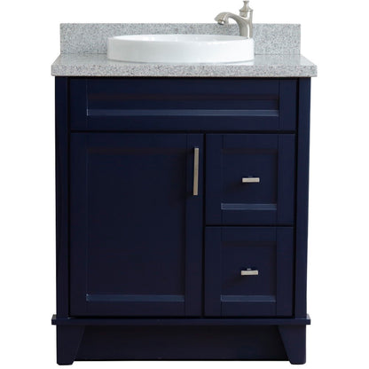 31" Single sink vanity in Blue finish with Gray granite with round sink