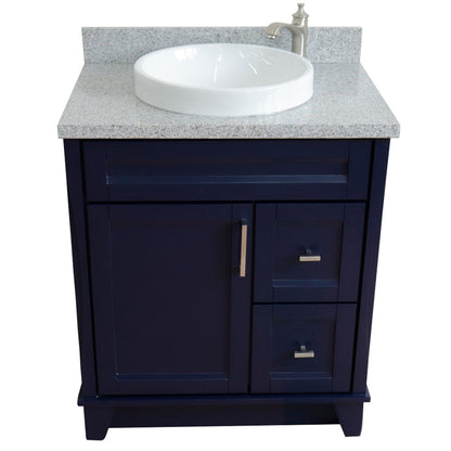 31" Single sink vanity in Blue finish with Gray granite with round sink
