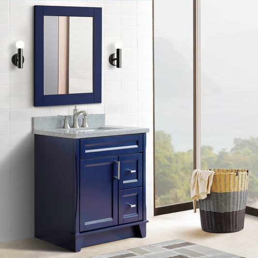 31" Single sink vanity in Blue finish with Gray granite with rectangle sink