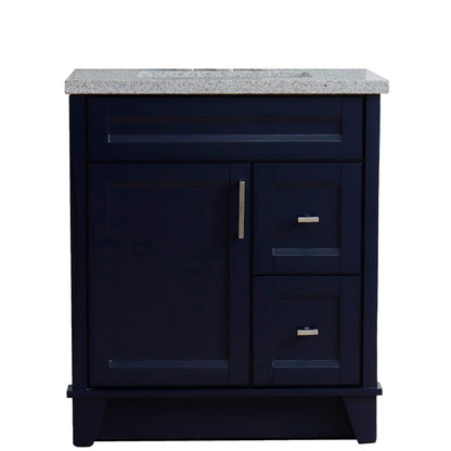 31" Single sink vanity in Blue finish with Gray granite with rectangle sink