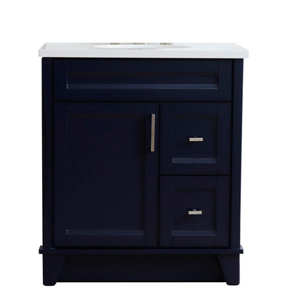 31" Single sink vanity in Blue finish with White engineered stone with oval sink