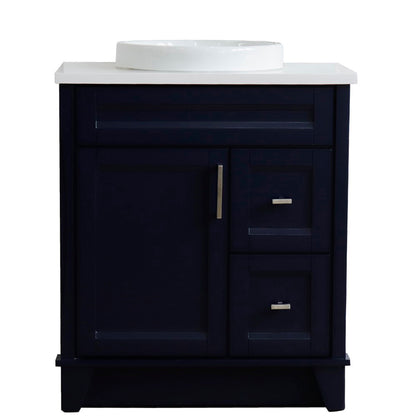 31" Single sink vanity in Blue finish with White engineered stone with round sink