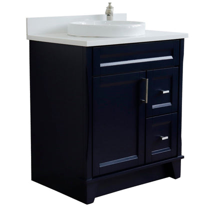 31" Single sink vanity in Blue finish with White engineered stone with round sink