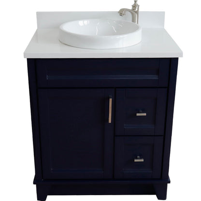 31" Single sink vanity in Blue finish with White engineered stone with round sink
