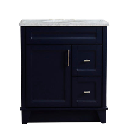 31" Single sink vanity in Blue finish with White Carrara marble with oval sink