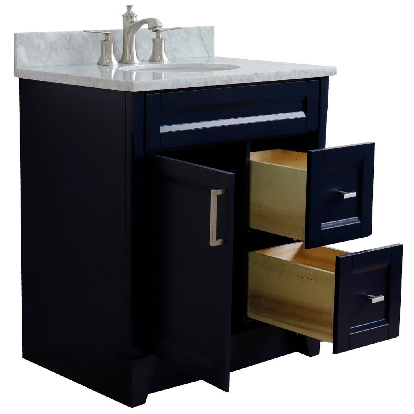 31" Single sink vanity in Blue finish with White Carrara marble with oval sink