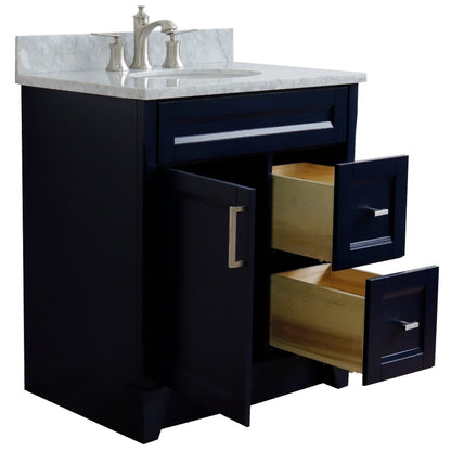 31" Single sink vanity in Blue finish with White Carrara marble with oval sink