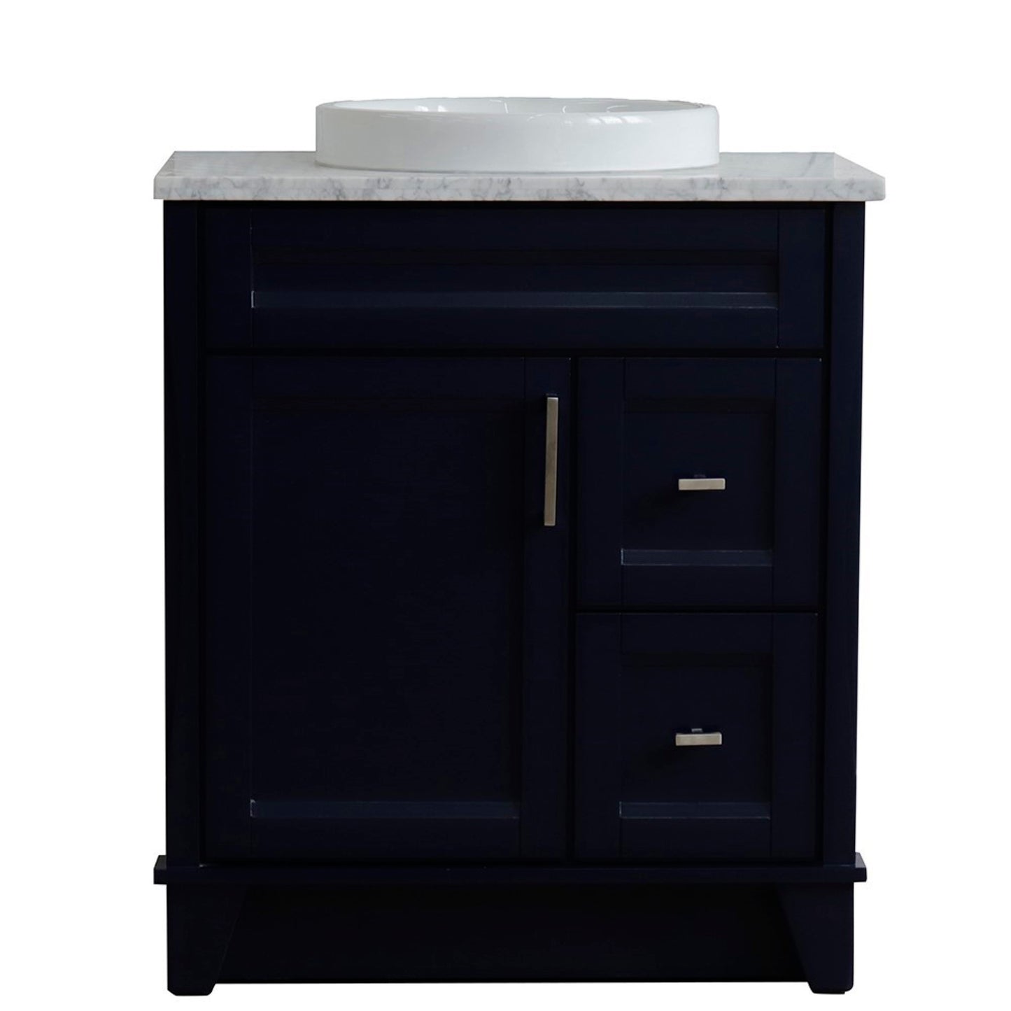 31" Single sink vanity in Blue finish with White Carrara marble with round sink