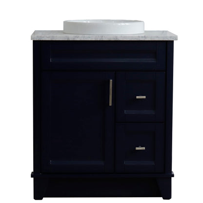 31" Single sink vanity in Blue finish with White Carrara marble with round sink