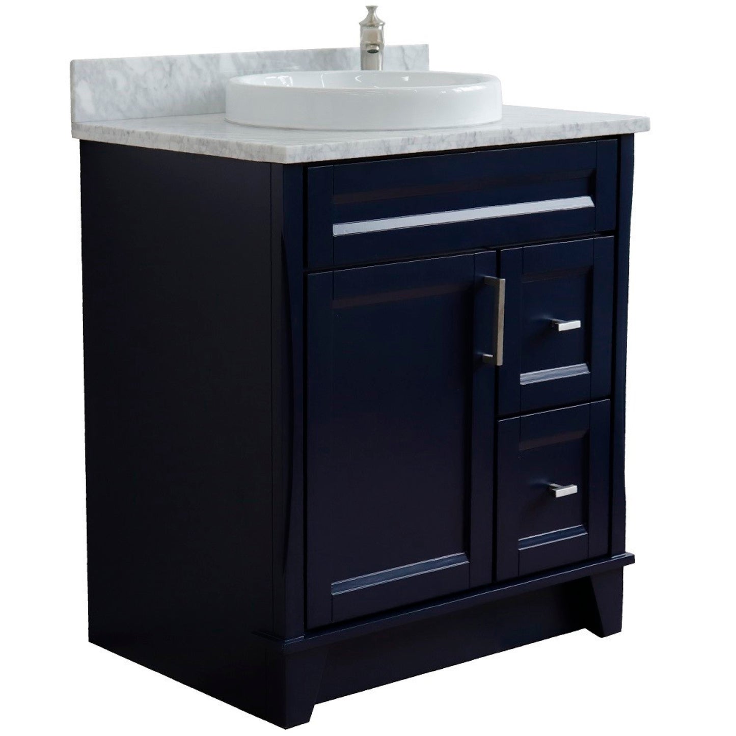 31" Single sink vanity in Blue finish with White Carrara marble with round sink