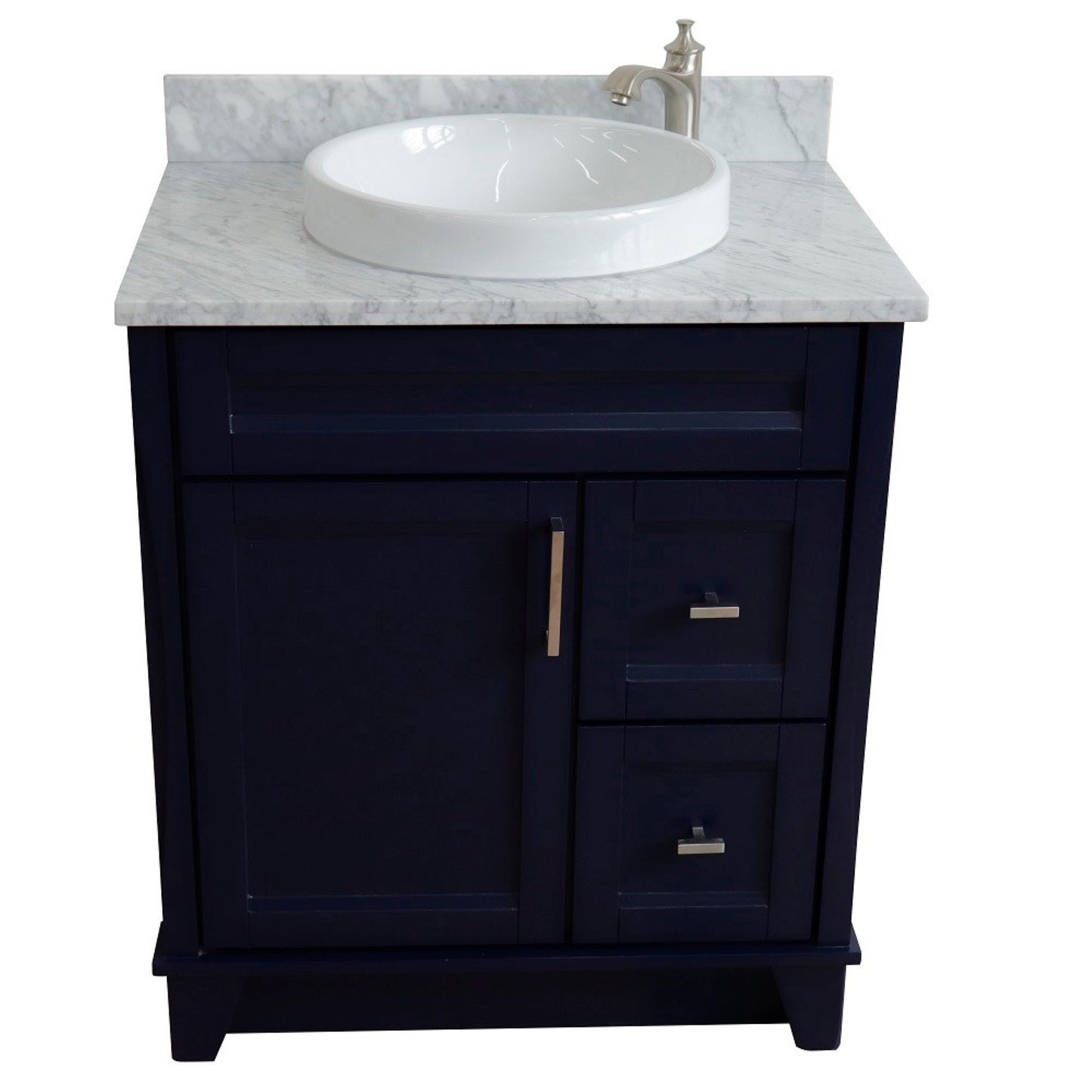 31" Single sink vanity in Blue finish with White Carrara marble with round sink