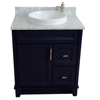 31" Single sink vanity in Blue finish with White Carrara marble with round sink