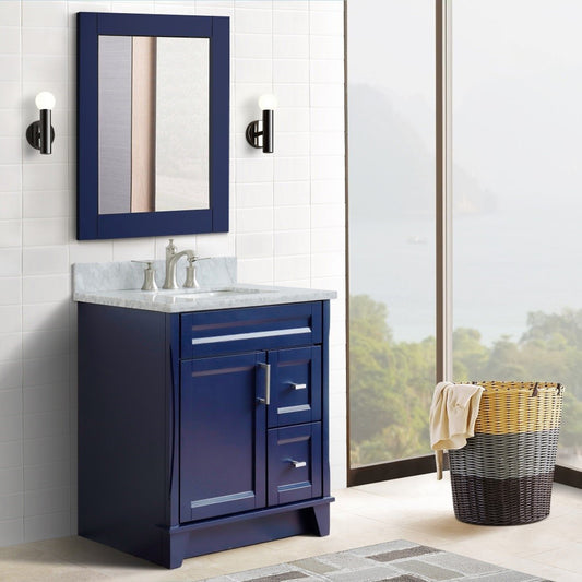 31" Single sink vanity in Blue finish with White Carrara marble with rectangle sink