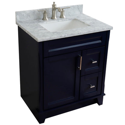 31" Single sink vanity in Blue finish with White Carrara marble with rectangle sink
