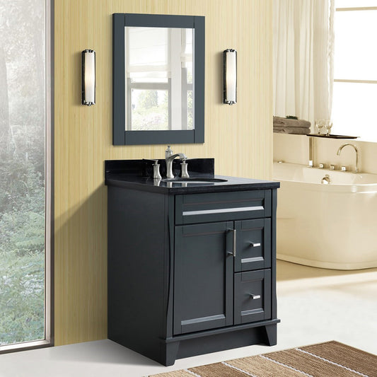 31" Single sink vanity in Dark Gray finish with Black galaxy granite with oval sink
