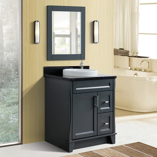 31" Single sink vanity in Dark Gray finish with Black galaxy granite with round sink
