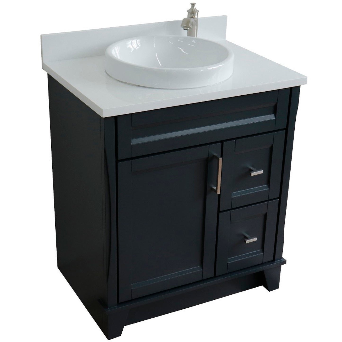 31" Single sink vanity in Dark Gray finish with White engineered stone with round sink