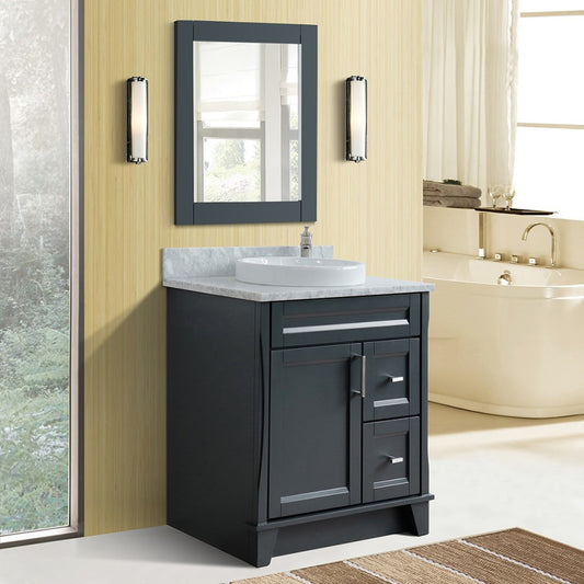 31" Single sink vanity in Dark Gray finish with White Carrara marble with round sink