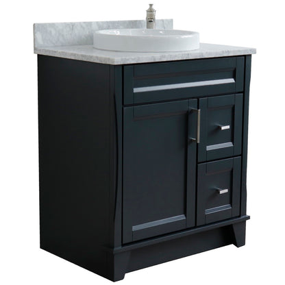 31" Single sink vanity in Dark Gray finish with White Carrara marble with round sink