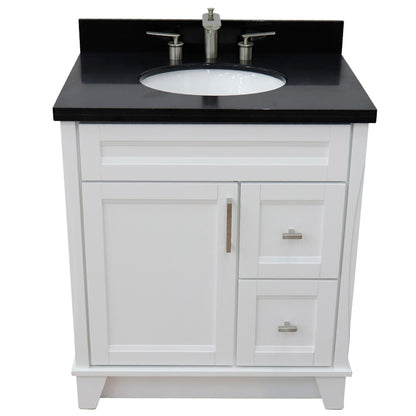 31" Single sink vanity in White finish with Black galaxy granite with oval sink