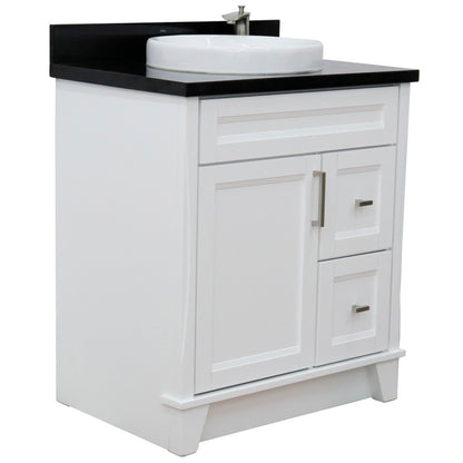 31" Single sink vanity in White finish with Black galaxy granite with round sink