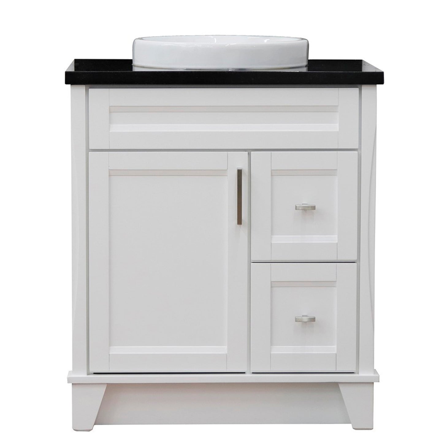 31" Single sink vanity in White finish with Black galaxy granite with round sink