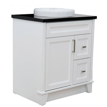 31" Single sink vanity in White finish with Black galaxy granite with round sink