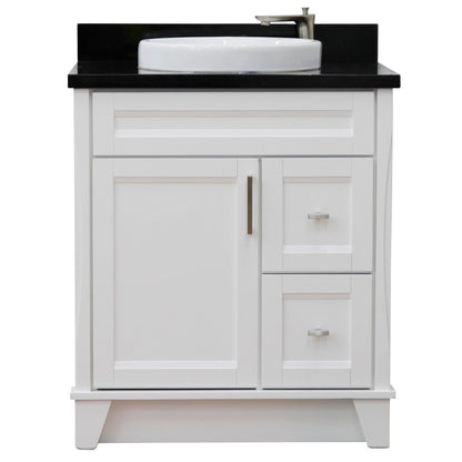 31" Single sink vanity in White finish with Black galaxy granite with round sink