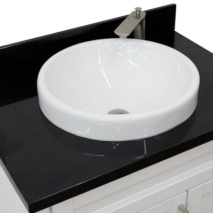 31" Single sink vanity in White finish with Black galaxy granite with round sink