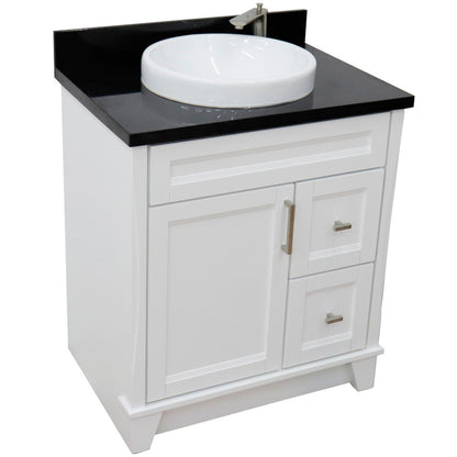 31" Single sink vanity in White finish with Black galaxy granite with round sink
