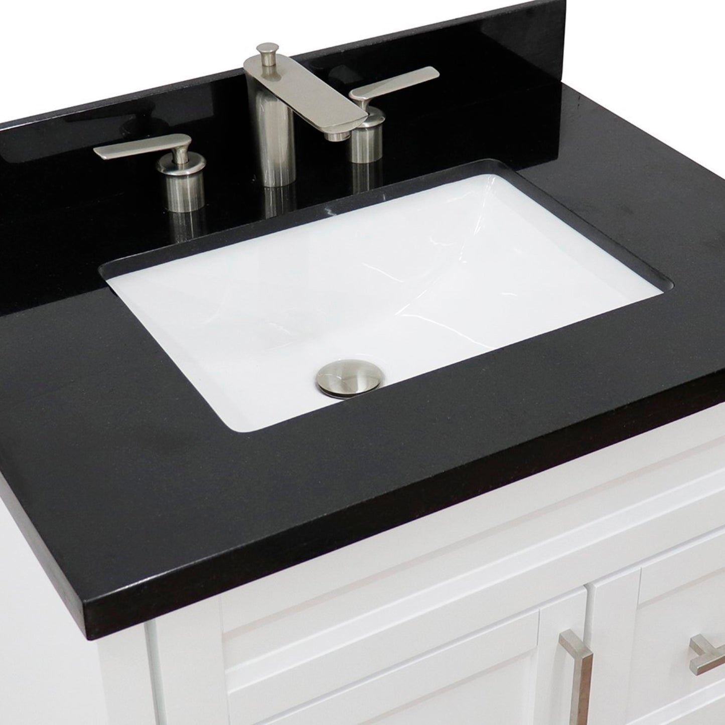 31" Single sink vanity in White finish with Black galaxy granite with rectangle sink
