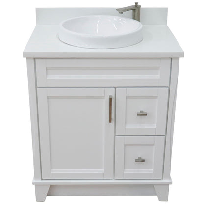 31" Single sink vanity in White finish with White engineered stone with round sink