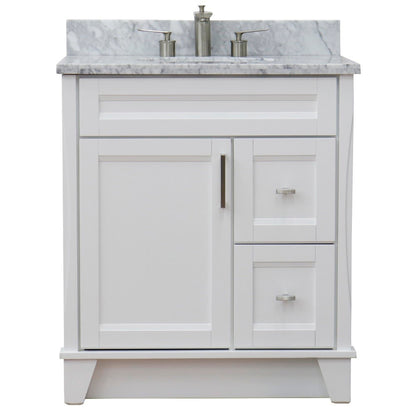 31" Single sink vanity in White finish with White Carrara marble with oval sink