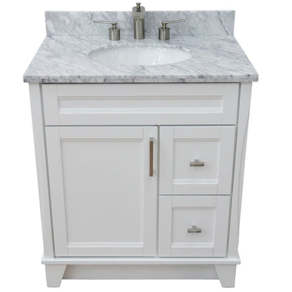 31" Single sink vanity in White finish with White Carrara marble with oval sink