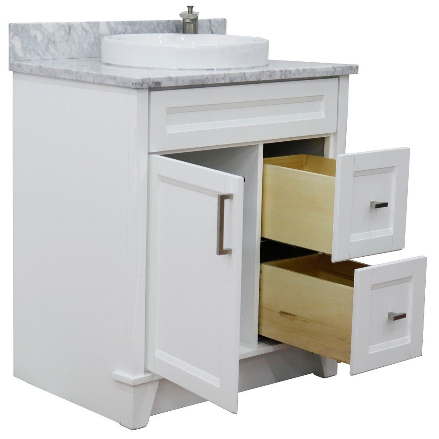 31" Single sink vanity in White finish with White Carrara marble with round sink