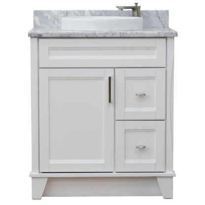 31" Single sink vanity in White finish with White Carrara marble with round sink
