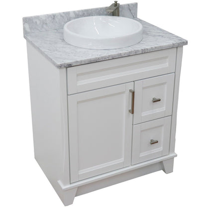 31" Single sink vanity in White finish with White Carrara marble with round sink