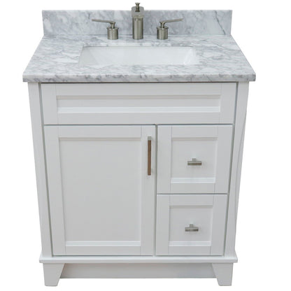31" Single sink vanity in White finish with White Carrara marble with rectangle sink