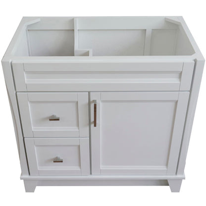 36" Single sink vanity in White finish cabinet only Right drawers