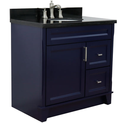 37" Single sink vanity in Blue finish with Black galaxy granite and Left door/Center sink