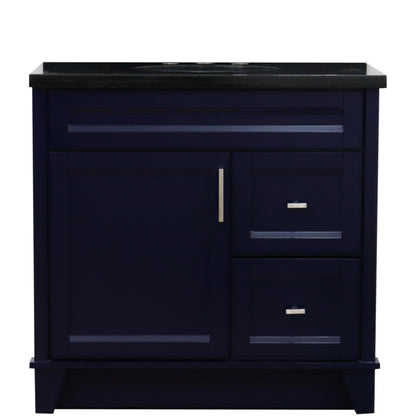 37" Single sink vanity in Blue finish with Black galaxy granite and Left door/Center sink