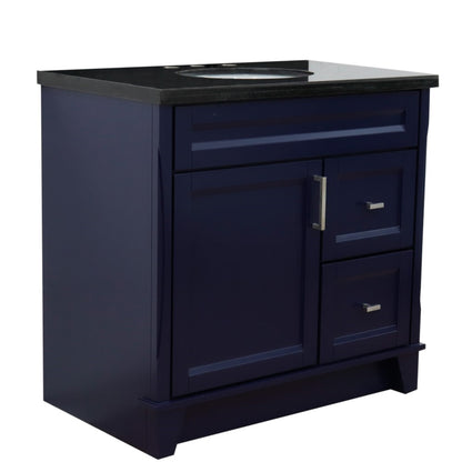 37" Single sink vanity in Blue finish with Black galaxy granite and Left door/Center sink