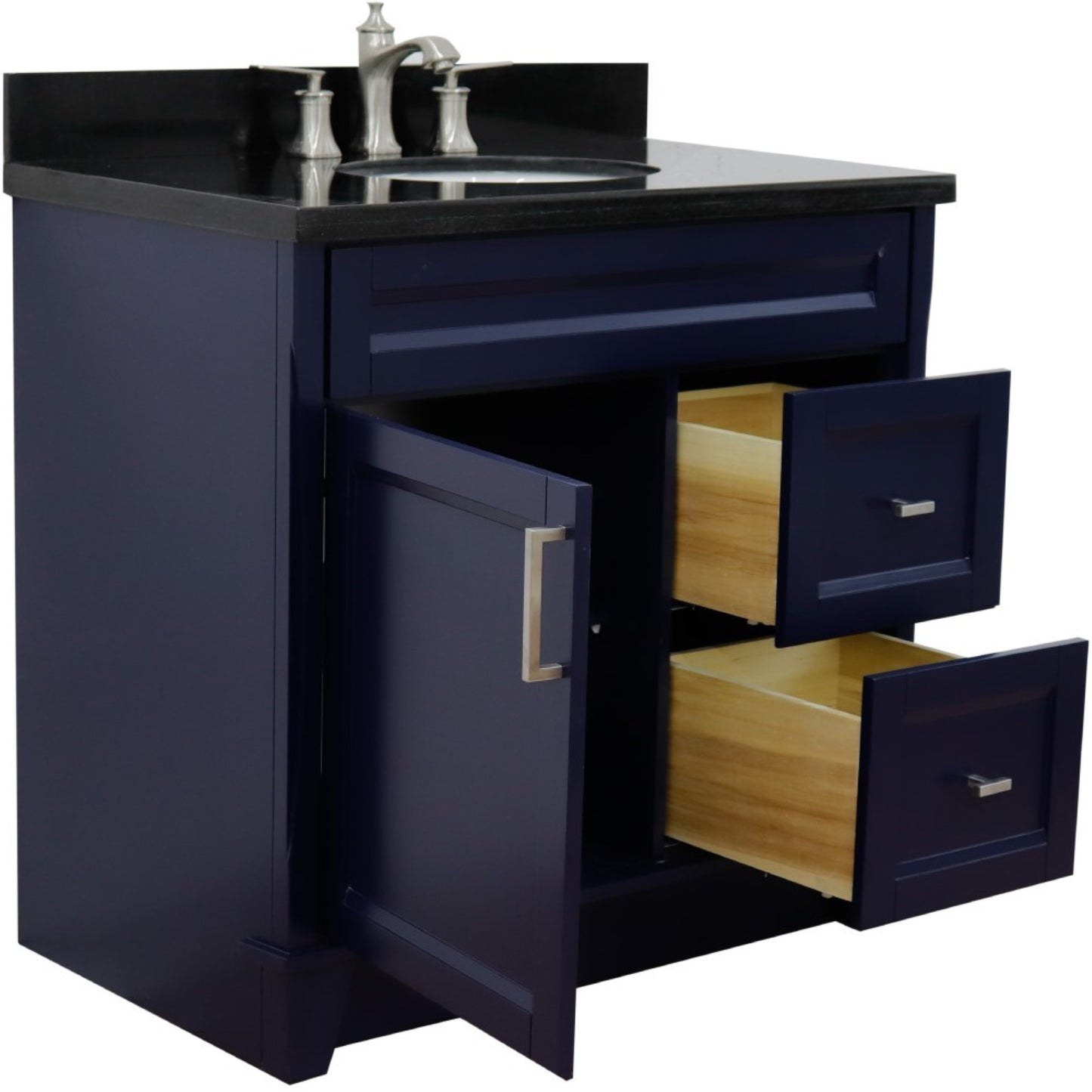 37" Single sink vanity in Blue finish with Black galaxy granite and Left door/Center sink
