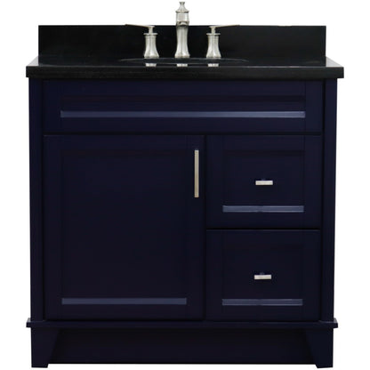 37" Single sink vanity in Blue finish with Black galaxy granite and Left door/Center sink
