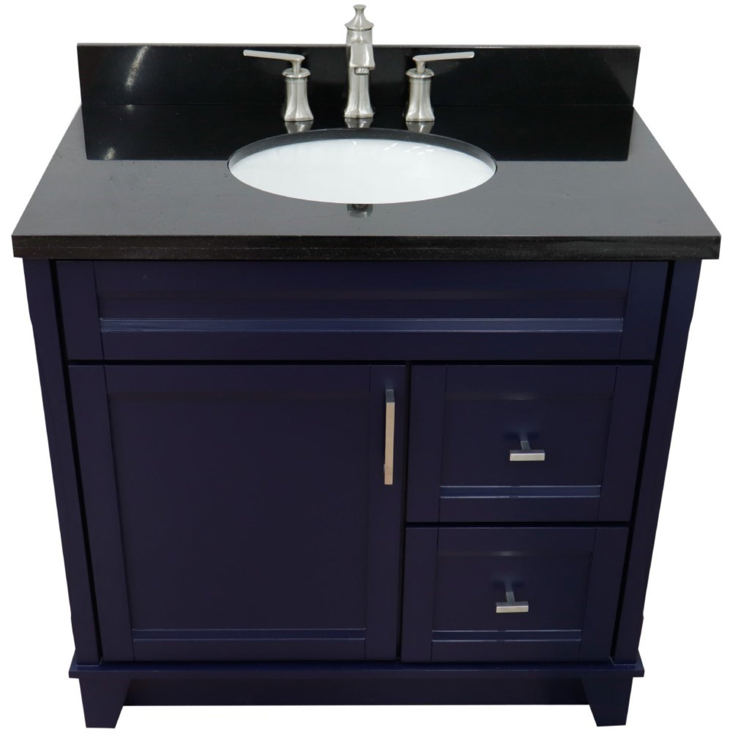 37" Single sink vanity in Blue finish with Black galaxy granite and Left door/Center sink