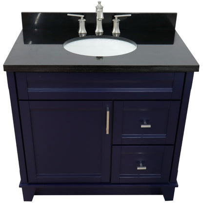 37" Single sink vanity in Blue finish with Black galaxy granite and Left door/Center sink