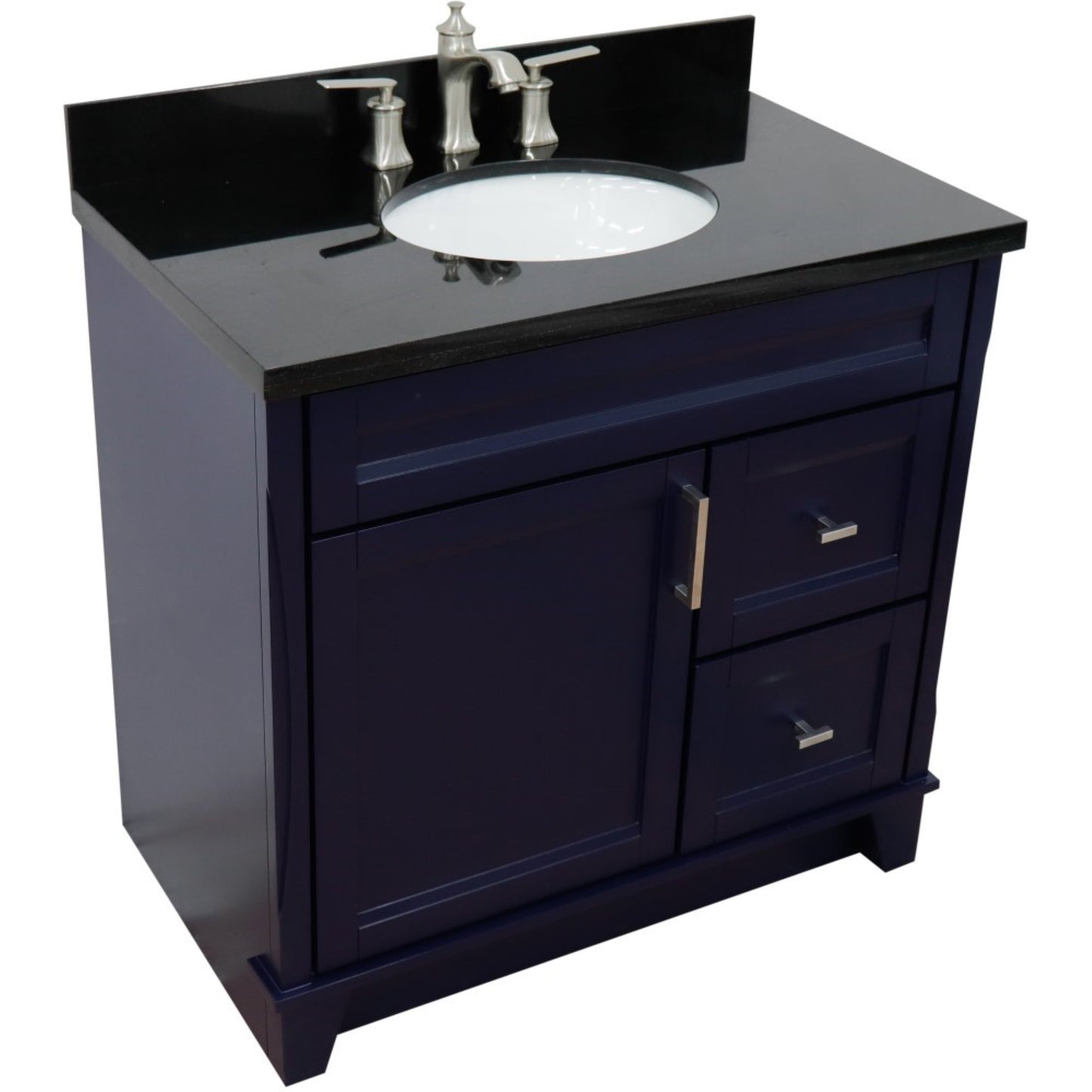 37" Single sink vanity in Blue finish with Black galaxy granite and Left door/Center sink